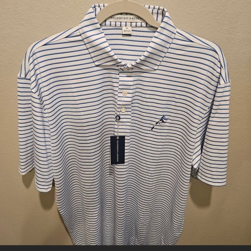 Houlderness & Bourne Men's White&Blue Striped Performance Polo Golf Shirt XL NWT - Picture 3 of 8